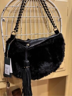 Black Mink  Fur Shoulder Bag with Tassel - Paolo Masi